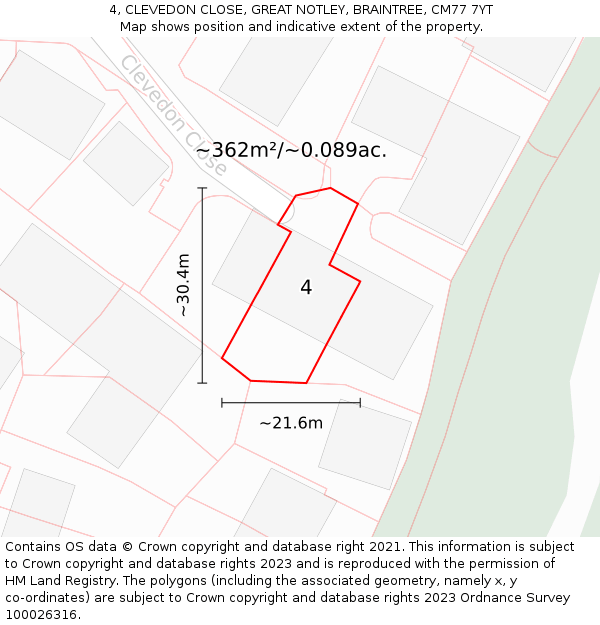 4, CLEVEDON CLOSE, GREAT NOTLEY, BRAINTREE, CM77 7YT: Plot and title map