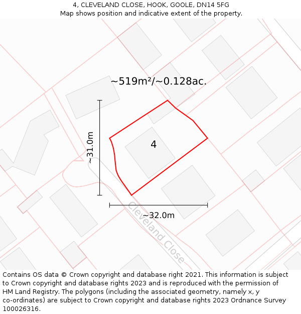 4, CLEVELAND CLOSE, HOOK, GOOLE, DN14 5FG: Plot and title map