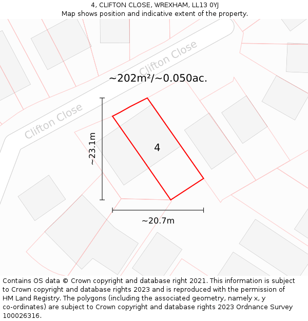 4, CLIFTON CLOSE, WREXHAM, LL13 0YJ: Plot and title map