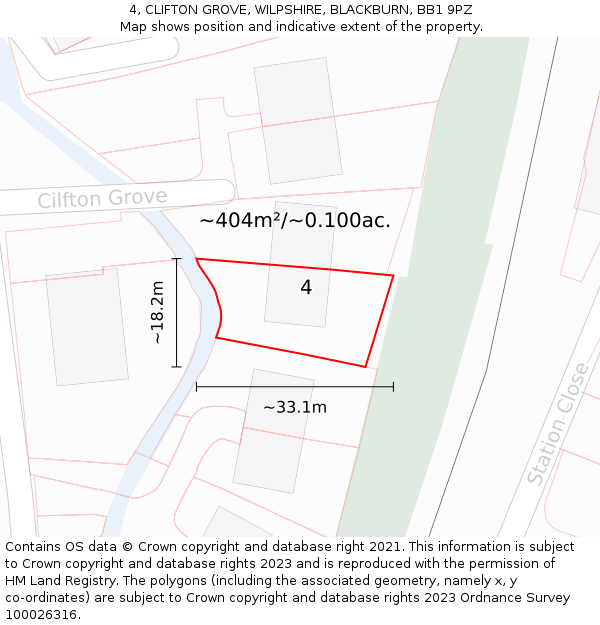 4, CLIFTON GROVE, WILPSHIRE, BLACKBURN, BB1 9PZ: Plot and title map