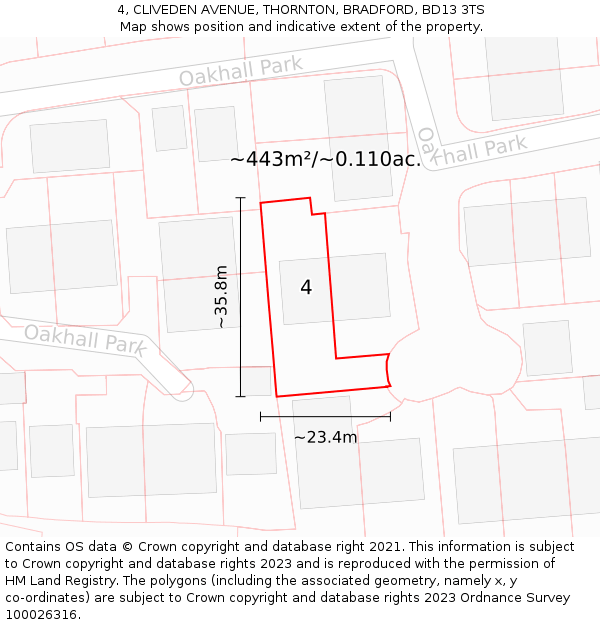 4, CLIVEDEN AVENUE, THORNTON, BRADFORD, BD13 3TS: Plot and title map