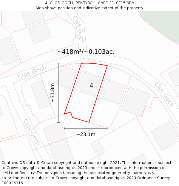 4, CLOS GOCH, PENTYRCH, CARDIFF, CF15 9RA: Plot and title map