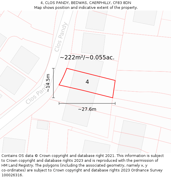 4, CLOS PANDY, BEDWAS, CAERPHILLY, CF83 8DN: Plot and title map