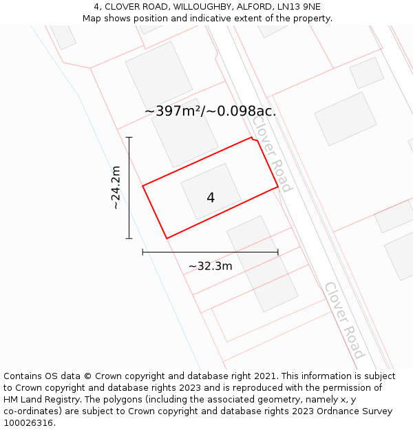 4, CLOVER ROAD, WILLOUGHBY, ALFORD, LN13 9NE: Plot and title map