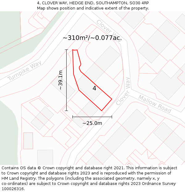 4, CLOVER WAY, HEDGE END, SOUTHAMPTON, SO30 4RP: Plot and title map