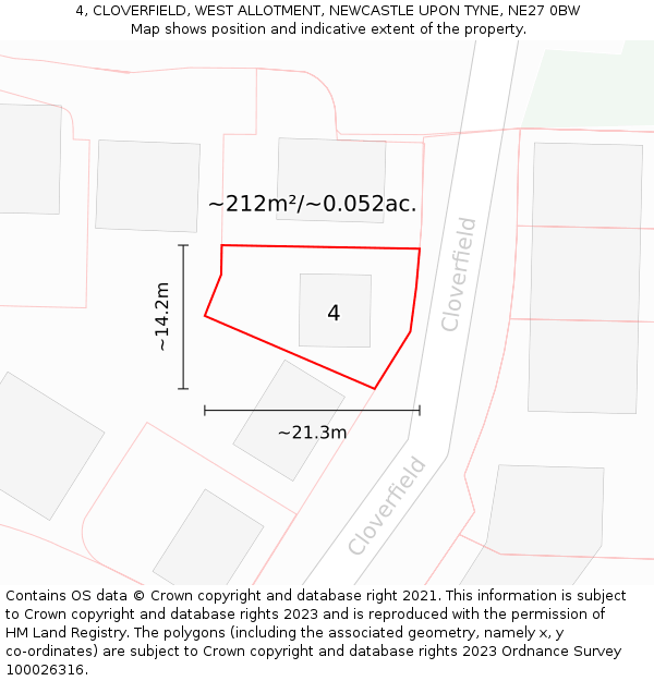 4, CLOVERFIELD, WEST ALLOTMENT, NEWCASTLE UPON TYNE, NE27 0BW: Plot and title map