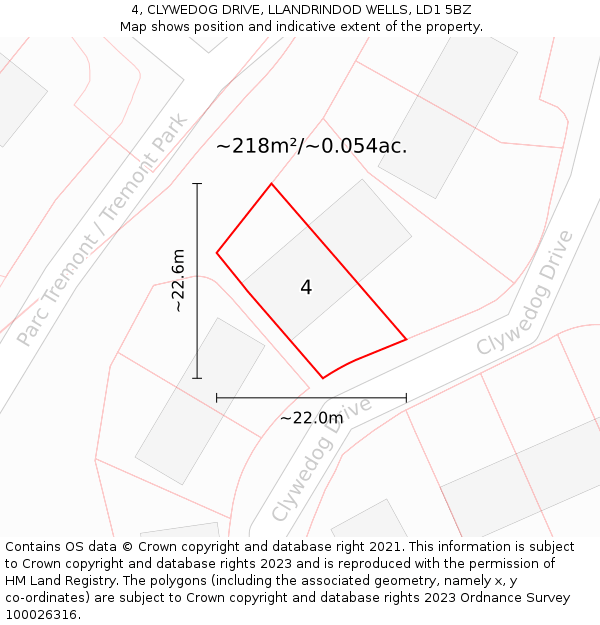 4, CLYWEDOG DRIVE, LLANDRINDOD WELLS, LD1 5BZ: Plot and title map