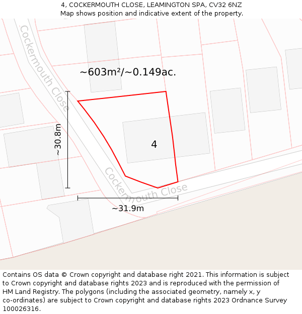 4, COCKERMOUTH CLOSE, LEAMINGTON SPA, CV32 6NZ: Plot and title map