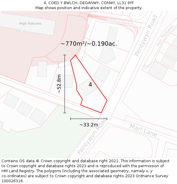 4, COED Y BWLCH, DEGANWY, CONWY, LL31 9YF: Plot and title map