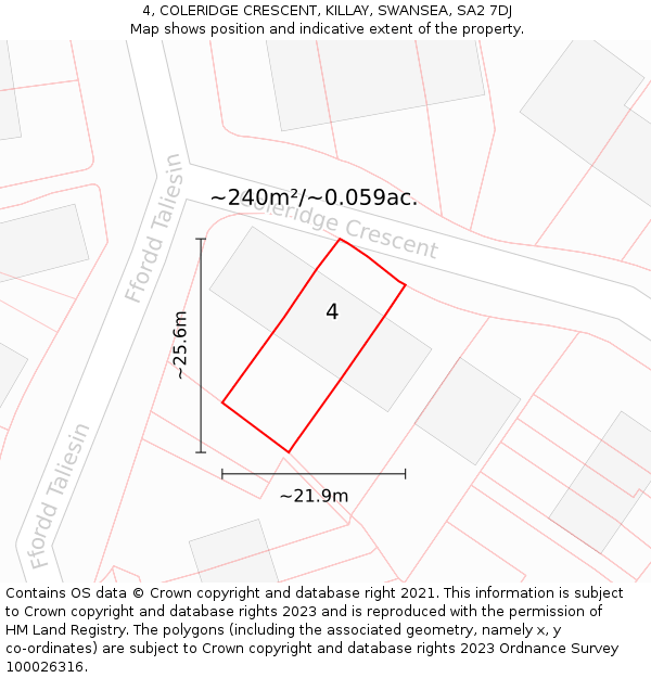 4, COLERIDGE CRESCENT, KILLAY, SWANSEA, SA2 7DJ: Plot and title map