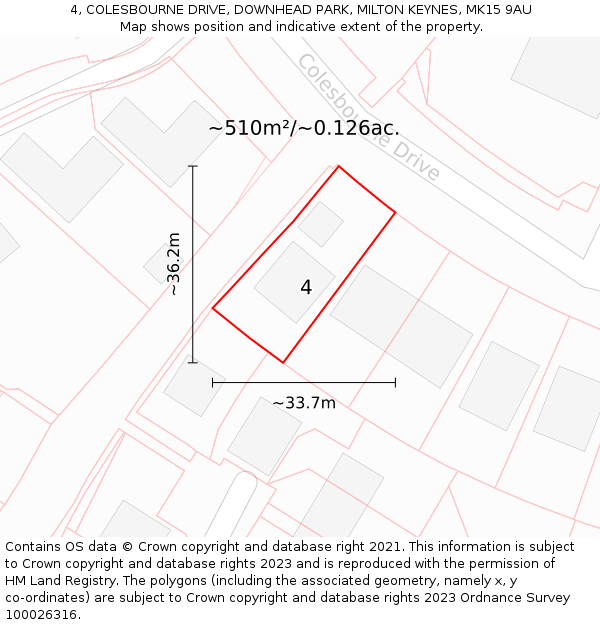 4, COLESBOURNE DRIVE, DOWNHEAD PARK, MILTON KEYNES, MK15 9AU: Plot and title map