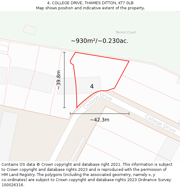 4, COLLEGE DRIVE, THAMES DITTON, KT7 0LB: Plot and title map