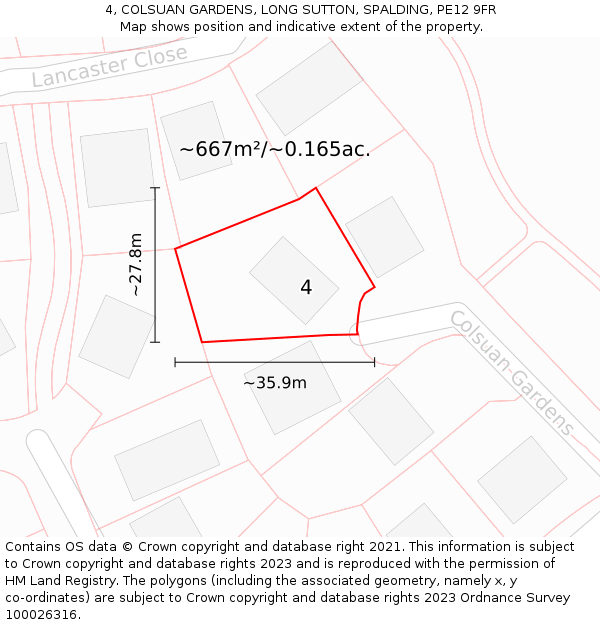 4, COLSUAN GARDENS, LONG SUTTON, SPALDING, PE12 9FR: Plot and title map