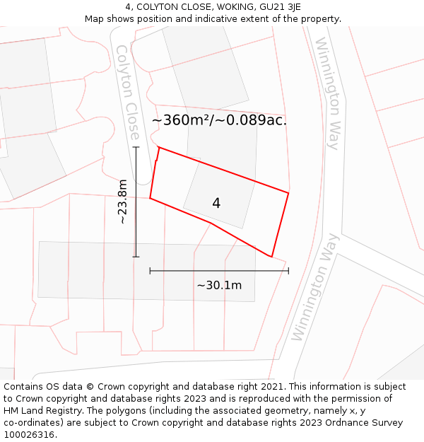 4, COLYTON CLOSE, WOKING, GU21 3JE: Plot and title map