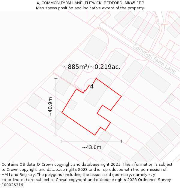 4, COMMON FARM LANE, FLITWICK, BEDFORD, MK45 1BB: Plot and title map