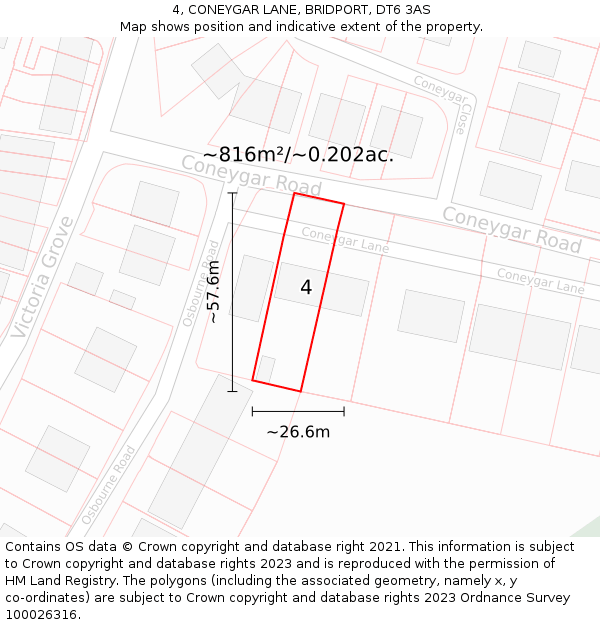 4, CONEYGAR LANE, BRIDPORT, DT6 3AS: Plot and title map