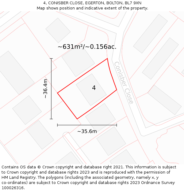 4, CONISBER CLOSE, EGERTON, BOLTON, BL7 9XN: Plot and title map