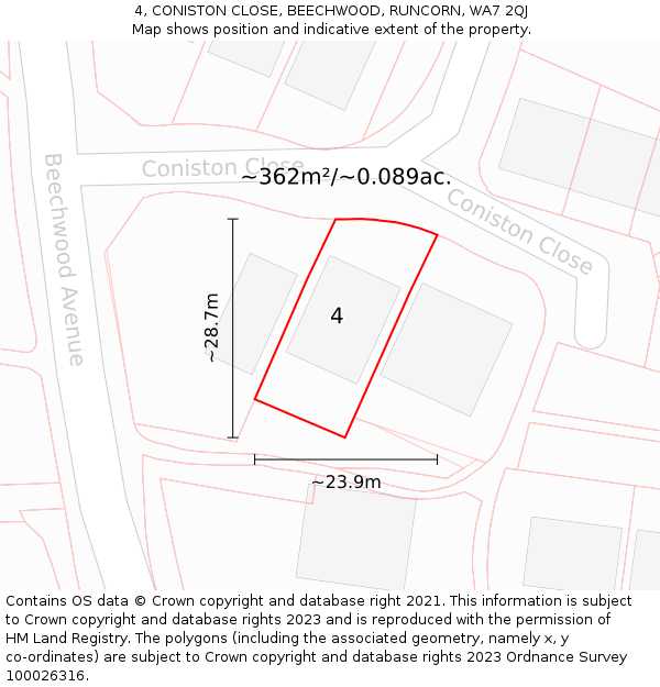 4, CONISTON CLOSE, BEECHWOOD, RUNCORN, WA7 2QJ: Plot and title map