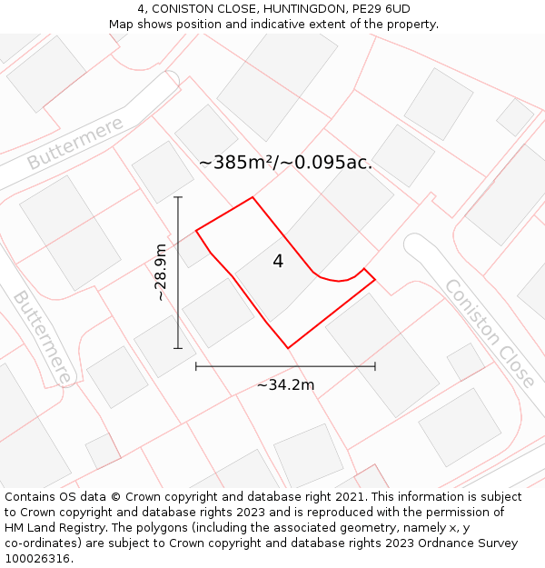 4, CONISTON CLOSE, HUNTINGDON, PE29 6UD: Plot and title map