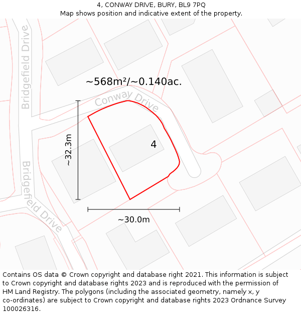 4, CONWAY DRIVE, BURY, BL9 7PQ: Plot and title map