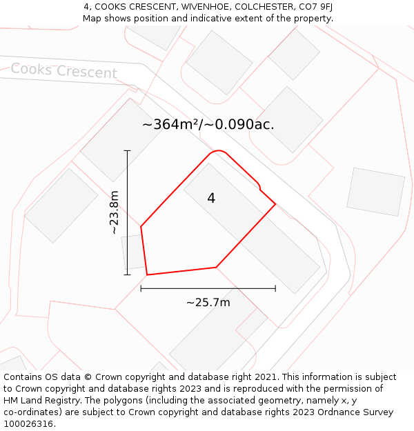 4, COOKS CRESCENT, WIVENHOE, COLCHESTER, CO7 9FJ: Plot and title map