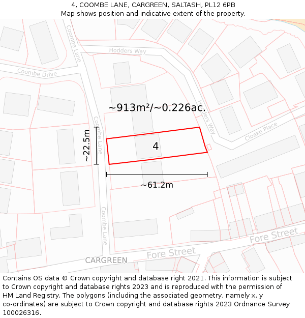 4, COOMBE LANE, CARGREEN, SALTASH, PL12 6PB: Plot and title map