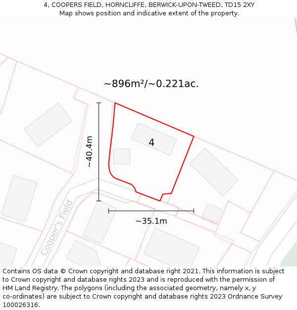 4, COOPERS FIELD, HORNCLIFFE, BERWICK-UPON-TWEED, TD15 2XY: Plot and title map