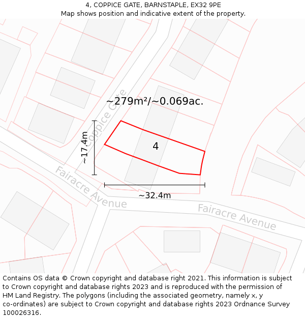 4, COPPICE GATE, BARNSTAPLE, EX32 9PE: Plot and title map