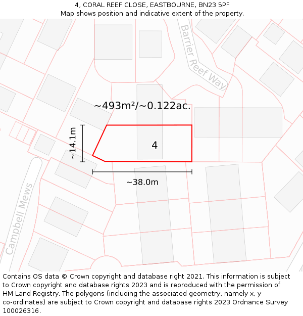 4, CORAL REEF CLOSE, EASTBOURNE, BN23 5PF: Plot and title map
