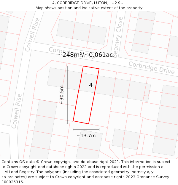 4, CORBRIDGE DRIVE, LUTON, LU2 9UH: Plot and title map