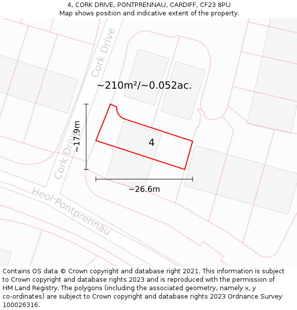 4, CORK DRIVE, PONTPRENNAU, CARDIFF, CF23 8PU: Plot and title map