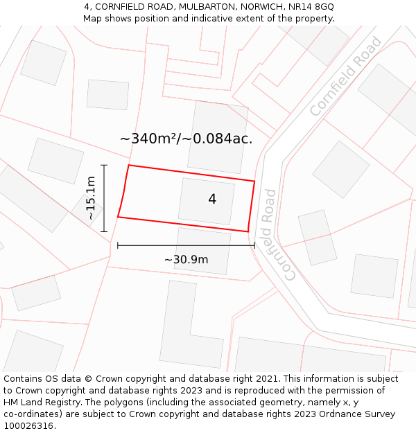 4, CORNFIELD ROAD, MULBARTON, NORWICH, NR14 8GQ: Plot and title map