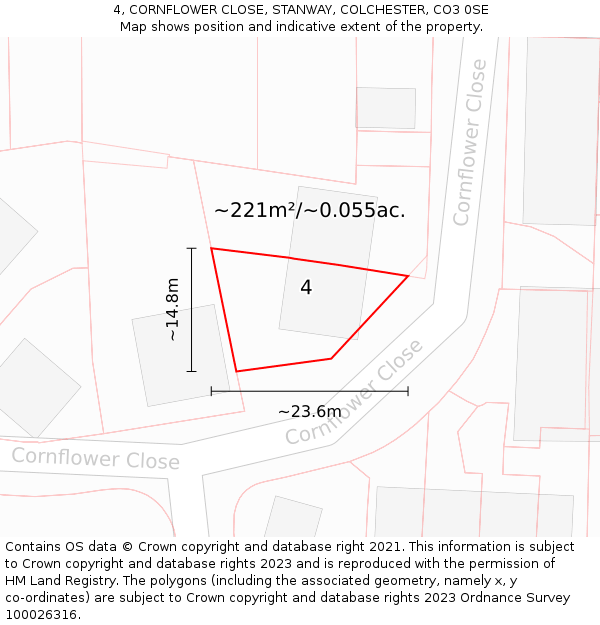 4, CORNFLOWER CLOSE, STANWAY, COLCHESTER, CO3 0SE: Plot and title map