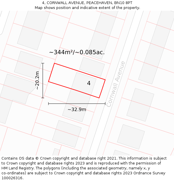 4, CORNWALL AVENUE, PEACEHAVEN, BN10 8PT: Plot and title map