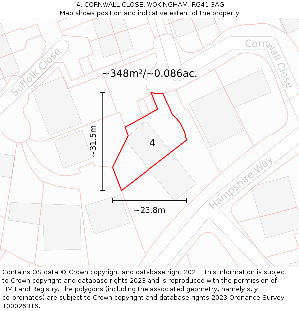 4, CORNWALL CLOSE, WOKINGHAM, RG41 3AG: Plot and title map