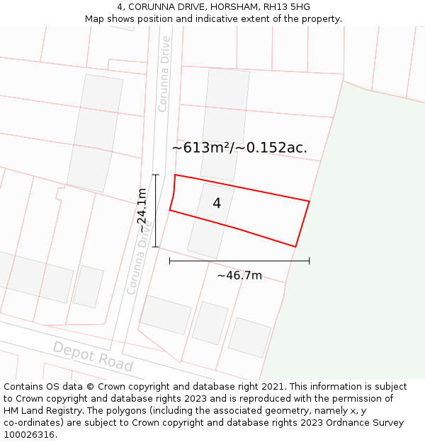 4, CORUNNA DRIVE, HORSHAM, RH13 5HG: Plot and title map