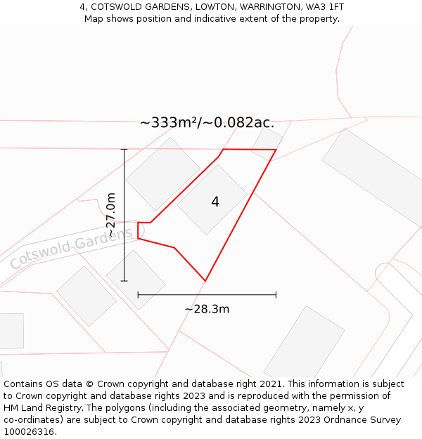 4, COTSWOLD GARDENS, LOWTON, WARRINGTON, WA3 1FT: Plot and title map