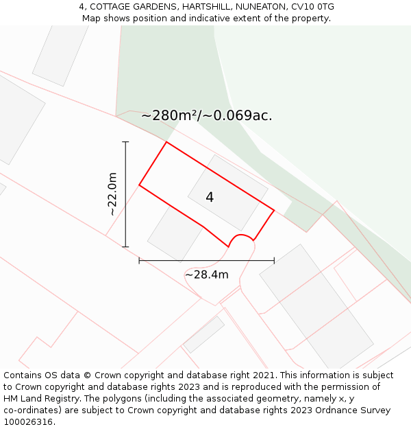 4, COTTAGE GARDENS, HARTSHILL, NUNEATON, CV10 0TG: Plot and title map