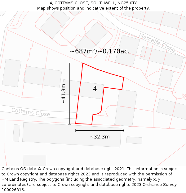 4, COTTAMS CLOSE, SOUTHWELL, NG25 0TY: Plot and title map