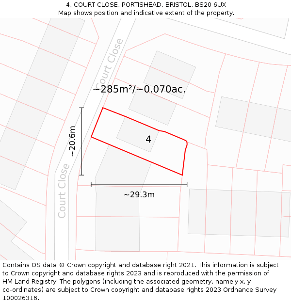 4, COURT CLOSE, PORTISHEAD, BRISTOL, BS20 6UX: Plot and title map