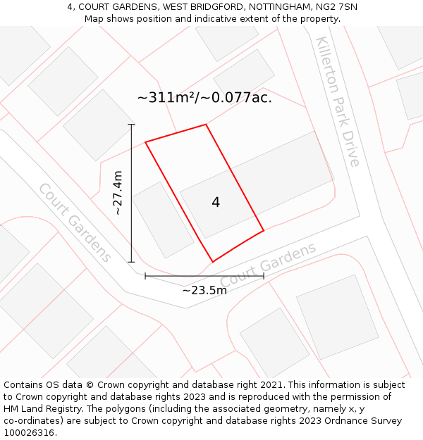 4, COURT GARDENS, WEST BRIDGFORD, NOTTINGHAM, NG2 7SN: Plot and title map