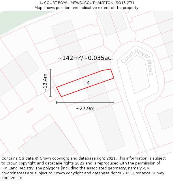 4, COURT ROYAL MEWS, SOUTHAMPTON, SO15 2TU: Plot and title map