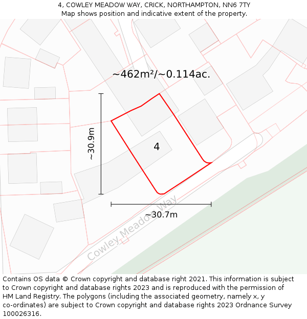 4, COWLEY MEADOW WAY, CRICK, NORTHAMPTON, NN6 7TY: Plot and title map