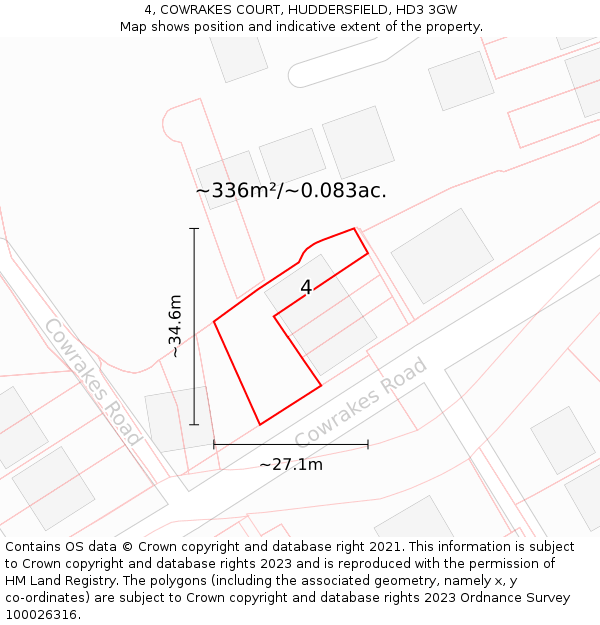 4, COWRAKES COURT, HUDDERSFIELD, HD3 3GW: Plot and title map