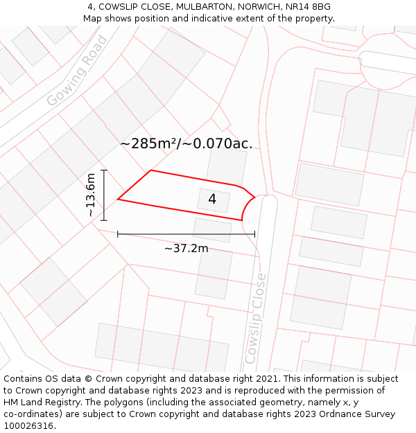 4, COWSLIP CLOSE, MULBARTON, NORWICH, NR14 8BG: Plot and title map