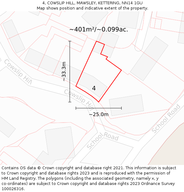 4, COWSLIP HILL, MAWSLEY, KETTERING, NN14 1GU: Plot and title map