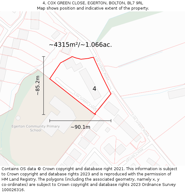 4, COX GREEN CLOSE, EGERTON, BOLTON, BL7 9RL: Plot and title map