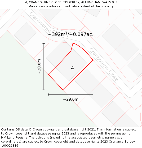 4, CRANBOURNE CLOSE, TIMPERLEY, ALTRINCHAM, WA15 6LR: Plot and title map