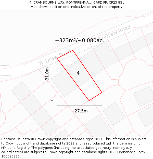 4, CRANBOURNE WAY, PONTPRENNAU, CARDIFF, CF23 8SL: Plot and title map