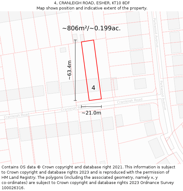 4, CRANLEIGH ROAD, ESHER, KT10 8DF: Plot and title map